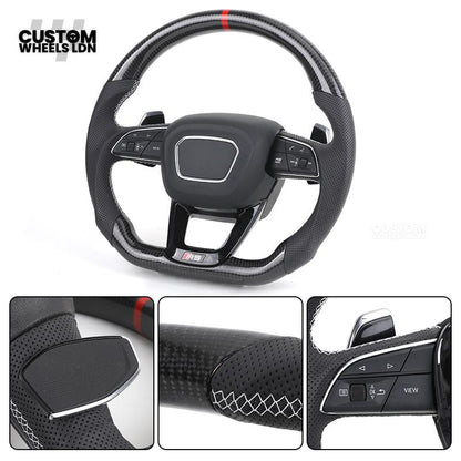 Audi Custom Q/RS Flat Bottom Steering Wheel – Carbon Top & Bottom, Red Centre Stripe, Perforated Leather, Silver Paddles | Fits Q3, Q5, SQ5, Q7, Q8, SQ8, RSQ8, A6, A7, S6, S7 + more | Plug & Play | With Airbag | Upgrade for Older Models Available