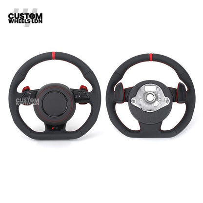 Audi Custom RS3 8V Flat Bottom Steering Wheel – Red Stitching, Red Paddles, Red Centre Stripe | Plug & Play | With Airbag