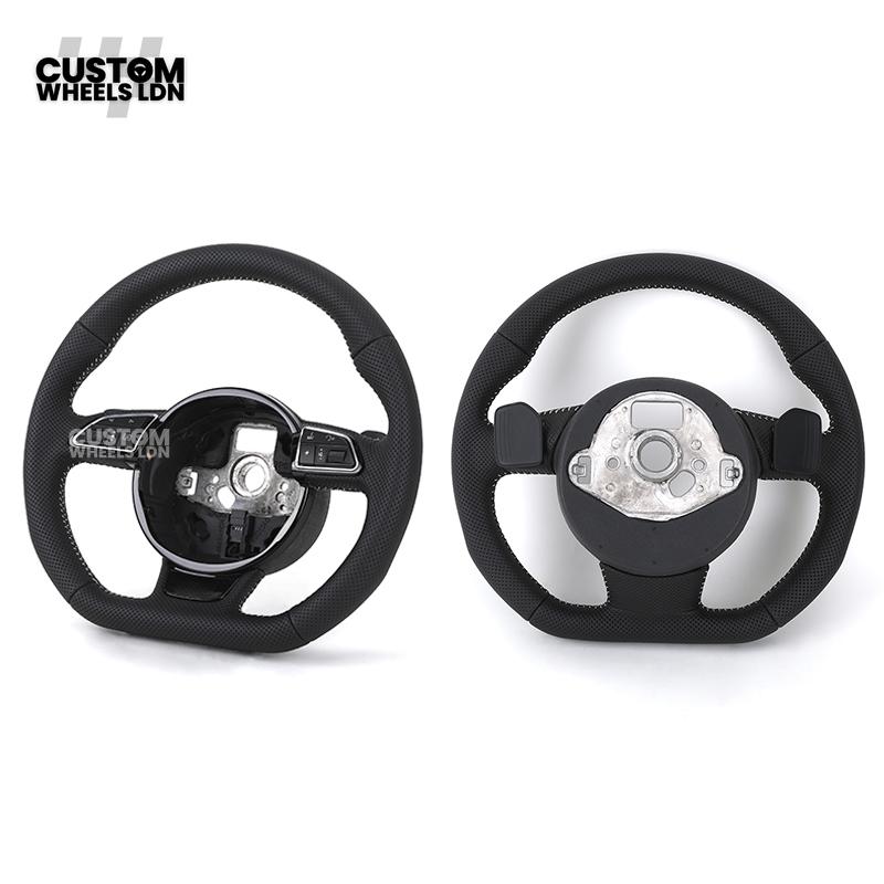 Audi Custom 8V Flat Bottom Steering Wheel – Perforated Leather, Black Stitching, Silver Paddles, RS Badge | Fits A3, S3, RS3 8V, A1, Q2, TT + more | Plug & Play | With Airbag | Upgrade for Older Models Available