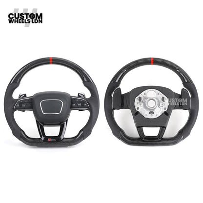 Audi Custom Q/RS Flat Bottom Steering Wheel – Carbon Top & Bottom, Red Centre Stripe, Perforated Leather, Silver Paddles | Fits Q3, Q5, SQ5, Q7, Q8, SQ8, RSQ8, A6, A7, S6, S7 + more | Plug & Play | With Airbag | Upgrade for Older Models Available