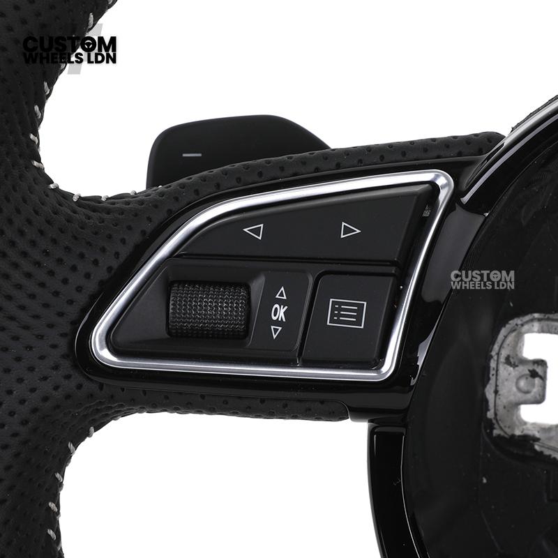 Audi Custom 8V Flat Bottom Steering Wheel – Perforated Leather, Black Stitching, Silver Paddles, RS Badge | Fits A3, S3, RS3 8V, A1, Q2, TT + more | Plug & Play | With Airbag | Upgrade for Older Models Available