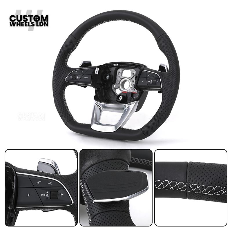 Audi Custom Q/RS Flat Bottom Steering Wheel – Black Leather, White Stitching, Perforated Grips, Silver Paddles | Fits Q3, Q5, SQ5, Q7, Q8, SQ8, RSQ8, A6, A7, S6, S7 + more | Plug & Play | With Airbag | Upgrade for Older Models Available