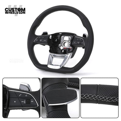 Audi Custom Q/RS Flat Bottom Steering Wheel – Black Leather, White Stitching, Perforated Grips, Silver Paddles | Fits Q3, Q5, SQ5, Q7, Q8, SQ8, RSQ8, A6, A7, S6, S7 + more | Plug & Play | With Airbag | Upgrade for Older Models Available