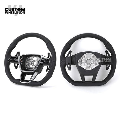 Audi Custom Q/RS Flat Bottom Steering Wheel – Perforated Leather, Black Stitching, Gloss Black Paddles, Chrome Trim | Fits Q3, Q5, SQ5, Q7, Q8, SQ8, RSQ8, A6, A7, S6, S7 + more | Plug & Play | With Airbag | Upgrade for Older Models Available