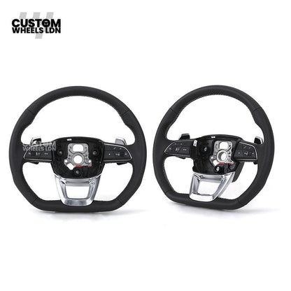 Audi Custom Q/RS Flat Bottom Steering Wheel – Black Leather, White Stitching, Perforated Grips, Silver Paddles | Fits Q3, Q5, SQ5, Q7, Q8, SQ8, RSQ8, A6, A7, S6, S7 + more | Plug & Play | With Airbag | Upgrade for Older Models Available