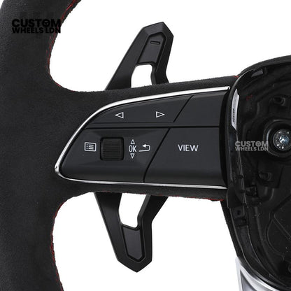 Audi Custom Q/RS Flat Bottom Steering Wheel – Alcantara Grip, Red Stitching, Black Paddles, Silver Trim | Fits Q3, Q5, SQ5, Q7, Q8, A6, A7, S6, S7 + more | Plug & Play | With Airbag | Upgrade for Older Models Available