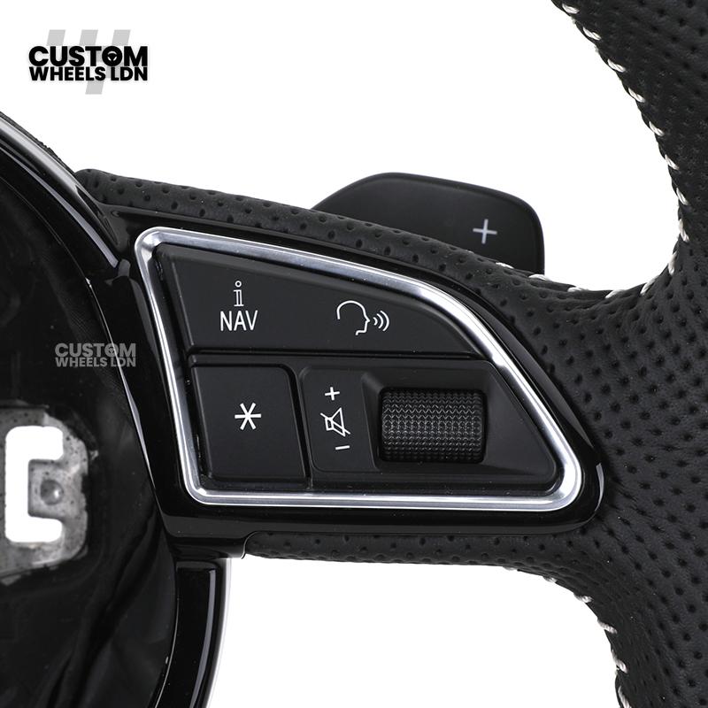 Audi Custom 8V Flat Bottom Steering Wheel – Perforated Leather, Black Stitching, Silver Paddles, RS Badge | Fits A3, S3, RS3 8V, A1, Q2, TT + more | Plug & Play | With Airbag | Upgrade for Older Models Available
