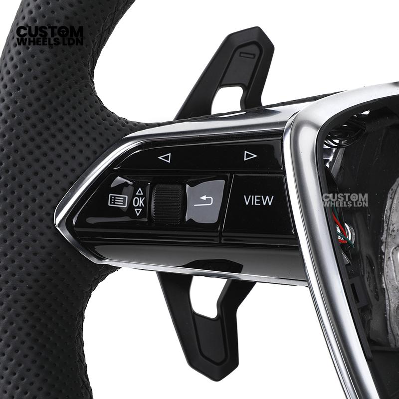 Audi Custom Q/RS Flat Bottom Steering Wheel – Perforated Leather, Black Stitching, Gloss Black Paddles, Chrome Trim | Fits Q3, Q5, SQ5, Q7, Q8, SQ8, RSQ8, A6, A7, S6, S7 + more | Plug & Play | With Airbag | Upgrade for Older Models Available