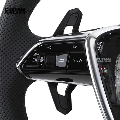 Audi Custom Q/RS Flat Bottom Steering Wheel – Perforated Leather, Black Stitching, Gloss Black Paddles, Chrome Trim | Fits Q3, Q5, SQ5, Q7, Q8, SQ8, RSQ8, A6, A7, S6, S7 + more | Plug & Play | With Airbag | Upgrade for Older Models Available