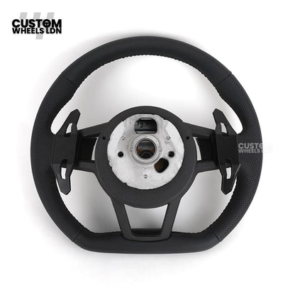 Audi Custom R8-Style Flat Bottom Steering Wheel – Black Leather, Black Stitching, Black Paddles | Fits A4, A5, S5, A6, A7, S6, S7, Q5, SQ5 + more | Plug & Play | With Airbag | Upgrade for Older Models Available