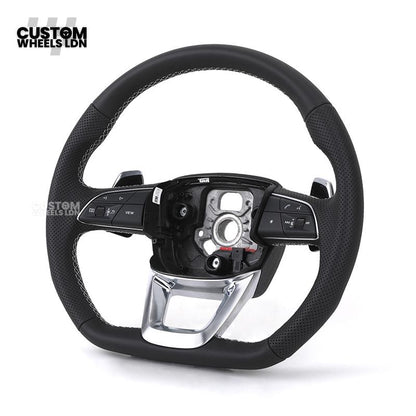 Audi Custom Q/RS Flat Bottom Steering Wheel – Black Leather, White Stitching, Perforated Grips, Silver Paddles | Fits Q3, Q5, SQ5, Q7, Q8, SQ8, RSQ8, A6, A7, S6, S7 + more | Plug & Play | With Airbag | Upgrade for Older Models Available