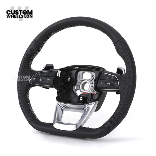 Audi Custom Q/RS Flat Bottom Steering Wheel – Black Leather, White Stitching, Perforated Grips, Silver Paddles | Fits Q3, Q5, SQ5, Q7, Q8, SQ8, RSQ8, A6, A7, S6, S7 + more | Plug & Play | With Airbag | Upgrade for Older Models Available