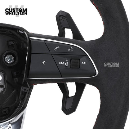 Audi Custom Q/RS Flat Bottom Steering Wheel – Alcantara Grip, Red Stitching, Black Paddles, Silver Trim | Fits Q3, Q5, SQ5, Q7, Q8, A6, A7, S6, S7 + more | Plug & Play | With Airbag | Upgrade for Older Models Available