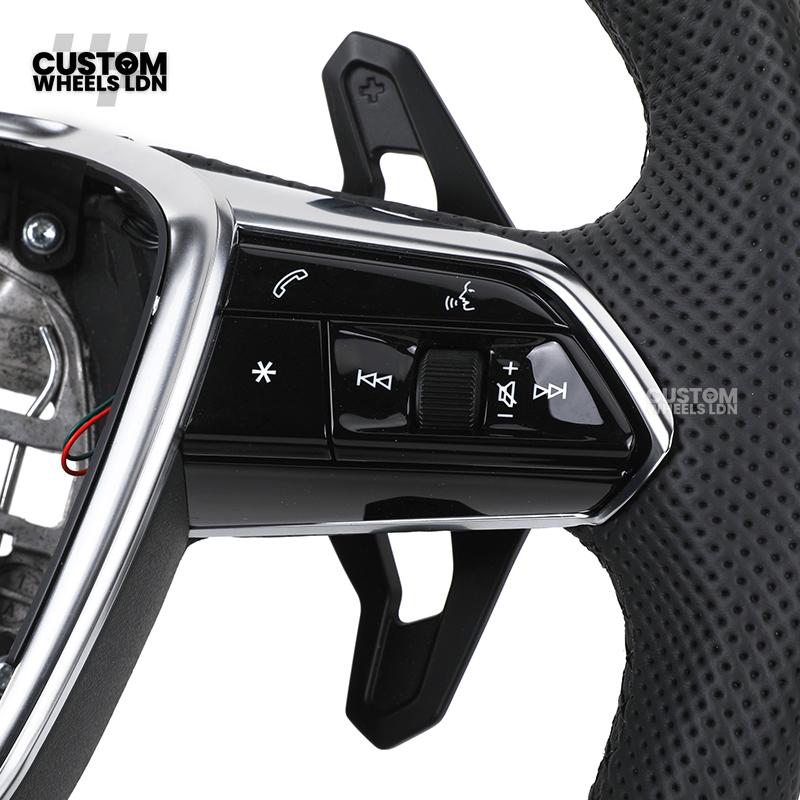 Audi Custom Q/RS Flat Bottom Steering Wheel – Perforated Leather, Black Stitching, Gloss Black Paddles, Chrome Trim | Fits Q3, Q5, SQ5, Q7, Q8, SQ8, RSQ8, A6, A7, S6, S7 + more | Plug & Play | With Airbag | Upgrade for Older Models Available