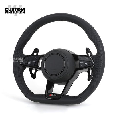 Audi Custom R8-Style Flat Bottom Steering Wheel – Black Leather, Black Stitching, Black Paddles | Fits A4, A5, S5, A6, A7, S6, S7, Q5, SQ5 + more | Plug & Play | With Airbag | Upgrade for Older Models Available