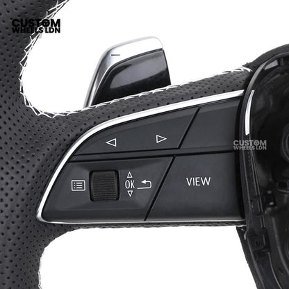 Audi Custom Q/RS Flat Bottom Steering Wheel – Carbon Top & Bottom, Red Centre Stripe, Perforated Leather, Silver Paddles | Fits Q3, Q5, SQ5, Q7, Q8, SQ8, RSQ8, A6, A7, S6, S7 + more | Plug & Play | With Airbag | Upgrade for Older Models Available