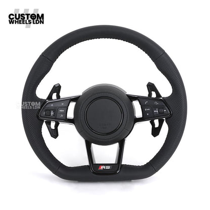 Audi Custom R8-Style Flat Bottom Steering Wheel – Black Leather, Black Stitching, Black Paddles | Fits A4, A5, S5, A6, A7, S6, S7, Q5, SQ5 + more | Plug & Play | With Airbag | Upgrade for Older Models Available