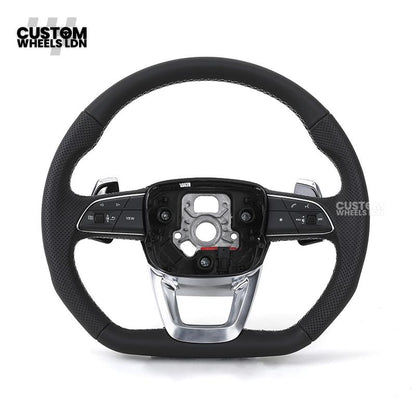 Audi Custom Q/RS Flat Bottom Steering Wheel – Black Leather, White Stitching, Perforated Grips, Silver Paddles | Fits Q3, Q5, SQ5, Q7, Q8, SQ8, RSQ8, A6, A7, S6, S7 + more | Plug & Play | With Airbag | Upgrade for Older Models Available
