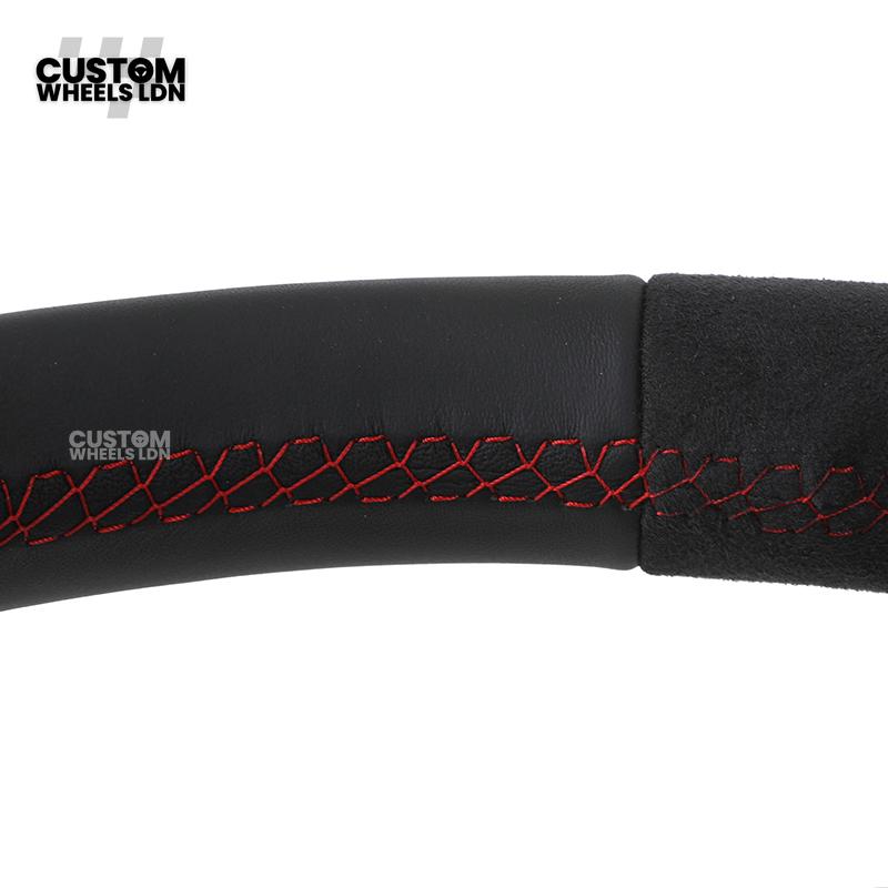 Audi Custom Q/RS Flat Bottom Steering Wheel – Alcantara Grip, Red Stitching, Black Paddles, Silver Trim | Fits Q3, Q5, SQ5, Q7, Q8, A6, A7, S6, S7 + more | Plug & Play | With Airbag | Upgrade for Older Models Available