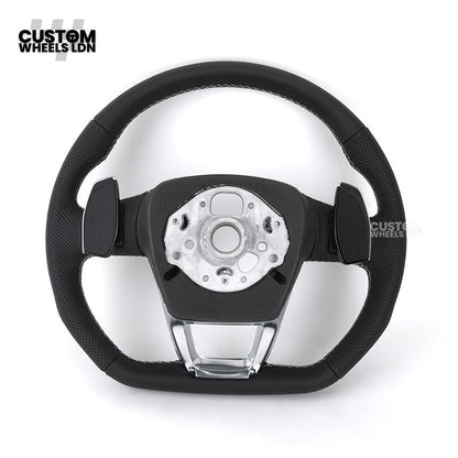 Audi Custom Q/RS Flat Bottom Steering Wheel – Black Leather, White Stitching, Perforated Grips, Silver Paddles | Fits Q3, Q5, SQ5, Q7, Q8, SQ8, RSQ8, A6, A7, S6, S7 + more | Plug & Play | With Airbag | Upgrade for Older Models Available