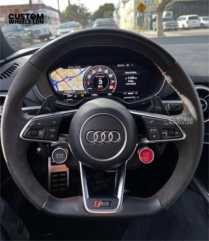 Audi Custom R8-Style Flat Bottom Steering Wheel – Alcantara Grip, Red Centre Stripe, White Stitching, Gloss Black Paddles | Fits A4, A5, S5, A6, A7, S6, S7, Q5, SQ5 + more | Plug & Play | With Airbag | Upgrade for Older Models Available
