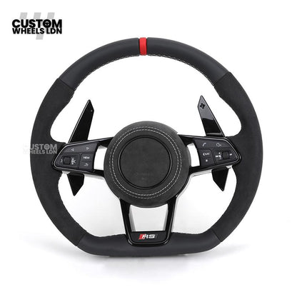 Audi Custom R8-Style Flat Bottom Steering Wheel – Alcantara Grip, Red Centre Stripe, White Stitching, Gloss Black Paddles | Fits A4, A5, S5, A6, A7, S6, S7, Q5, SQ5 + more | Plug & Play | With Airbag | Upgrade for Older Models Available