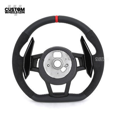 Audi Custom R8-Style Flat Bottom Steering Wheel – Alcantara Grip, Red Centre Stripe, White Stitching, Gloss Black Paddles | Fits A4, A5, S5, A6, A7, S6, S7, Q5, SQ5 + more | Plug & Play | With Airbag | Upgrade for Older Models Available