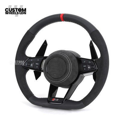 Audi Custom R8-Style Flat Bottom Steering Wheel – Alcantara Grip, Red Centre Stripe, White Stitching, Gloss Black Paddles | Fits A4, A5, S5, A6, A7, S6, S7, Q5, SQ5 + more | Plug & Play | With Airbag | Upgrade for Older Models Available