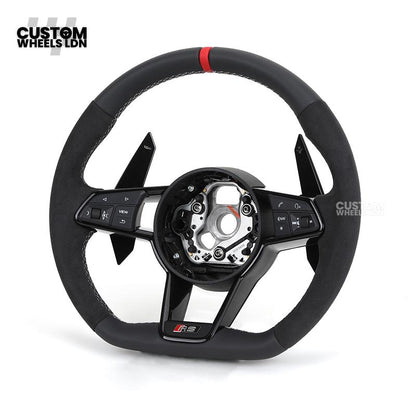 Audi Custom R8-Style Flat Bottom Steering Wheel – Alcantara Grip, Red Centre Stripe, White Stitching, Gloss Black Paddles | Fits A4, A5, S5, A6, A7, S6, S7, Q5, SQ5 + more | Plug & Play | With Airbag | Upgrade for Older Models Available