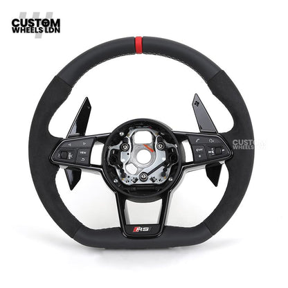 Audi Custom R8-Style Flat Bottom Steering Wheel – Alcantara Grip, Red Centre Stripe, White Stitching, Gloss Black Paddles | Fits A4, A5, S5, A6, A7, S6, S7, Q5, SQ5 + more | Plug & Play | With Airbag | Upgrade for Older Models Available