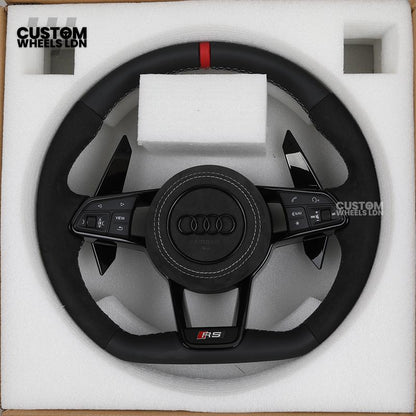 Audi Custom R8-Style Flat Bottom Steering Wheel – Alcantara Grip, Red Centre Stripe, White Stitching, Gloss Black Paddles | Fits A4, A5, S5, A6, A7, S6, S7, Q5, SQ5 + more | Plug & Play | With Airbag | Upgrade for Older Models Available