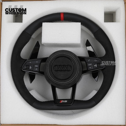 Audi Custom R8-Style Flat Bottom Steering Wheel – Alcantara Grip, Red Centre Stripe, White Stitching, Gloss Black Paddles | Fits A4, A5, S5, A6, A7, S6, S7, Q5, SQ5 + more | Plug & Play | With Airbag | Upgrade for Older Models Available