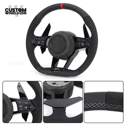 Audi Custom R8-Style Flat Bottom Steering Wheel – Alcantara Grip, Red Centre Stripe, White Stitching, Gloss Black Paddles | Fits A4, A5, S5, A6, A7, S6, S7, Q5, SQ5 + more | Plug & Play | With Airbag | Upgrade for Older Models Available
