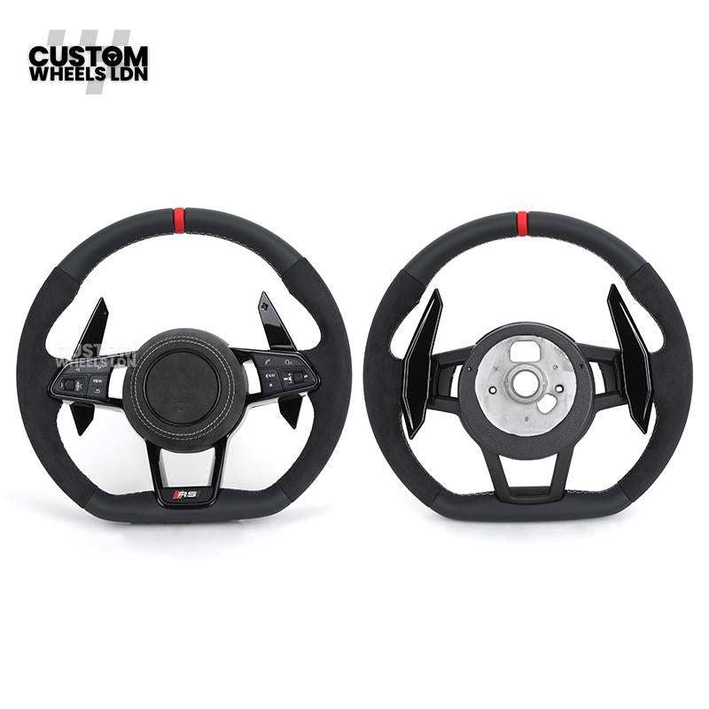 Audi Custom R8-Style Flat Bottom Steering Wheel – Alcantara Grip, Red Centre Stripe, White Stitching, Gloss Black Paddles | Fits A4, A5, S5, A6, A7, S6, S7, Q5, SQ5 + more | Plug & Play | With Airbag | Upgrade for Older Models Available