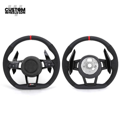 Audi Custom R8-Style Flat Bottom Steering Wheel – Alcantara Grip, Red Centre Stripe, White Stitching, Gloss Black Paddles | Fits A4, A5, S5, A6, A7, S6, S7, Q5, SQ5 + more | Plug & Play | With Airbag | Upgrade for Older Models Available