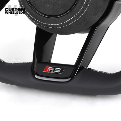 Audi Custom R8-Style Flat Bottom Steering Wheel – Alcantara Grip, Red Centre Stripe, White Stitching, Gloss Black Paddles | Fits A4, A5, S5, A6, A7, S6, S7, Q5, SQ5 + more | Plug & Play | With Airbag | Upgrade for Older Models Available