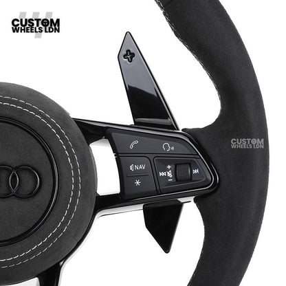 Audi Custom R8-Style Flat Bottom Steering Wheel – Alcantara Grip, Red Centre Stripe, White Stitching, Gloss Black Paddles | Fits A4, A5, S5, A6, A7, S6, S7, Q5, SQ5 + more | Plug & Play | With Airbag | Upgrade for Older Models Available