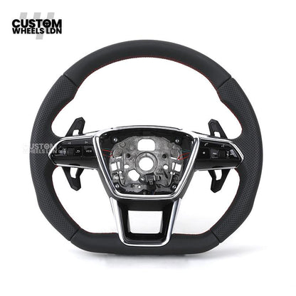 Audi Custom S-Line Flat Bottom Steering Wheel – Black Leather, Red Stitching, Urus Paddles | Fits A1, A3, S3, A4, A5, S5, Q2, Q3, Q5, SQ5 + more | Plug & Play | With Airbag