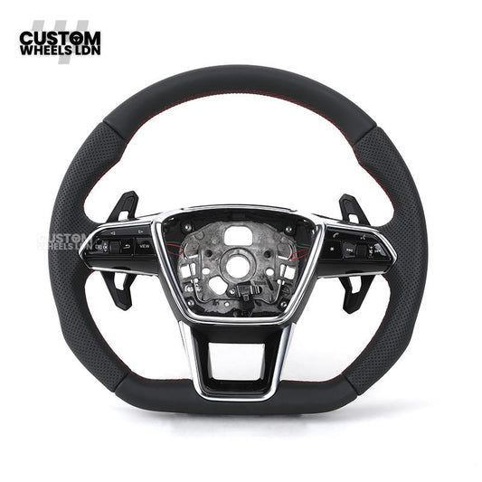Audi Custom S-Line Flat Bottom Steering Wheel – Black Leather, Red Stitching, Urus Paddles | Fits A1, A3, S3, A4, A5, S5, Q2, Q3, Q5, SQ5 + more | Plug & Play | With Airbag