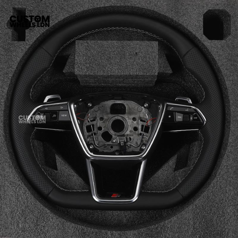 Audi Custom S-Line Flat Bottom Steering Wheel – Black Leather, White Stitching, Silver Paddles | Fits A1, A3, S3, A4, A5, S5, Q2, Q3, Q5, SQ5 + more | Plug & Play | With Airbag