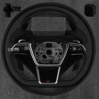 Audi Custom S-Line Flat Bottom Steering Wheel – Black Leather, White Stitching, Silver Paddles | Fits A1, A3, S3, A4, A5, S5, Q2, Q3, Q5, SQ5 + more | Plug & Play | With Airbag