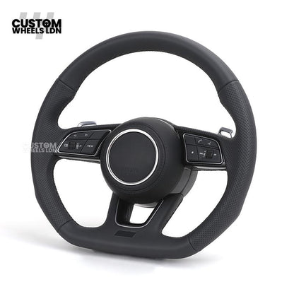 Audi Custom B9 Flat Bottom Steering Wheel – Black Leather, Silver Paddles, S Badge | Fits A4, S4, A5, S5, Q5, SQ5, A6, A7 + more | Plug & Play | With Airbag | Upgrade for Older Models Available
