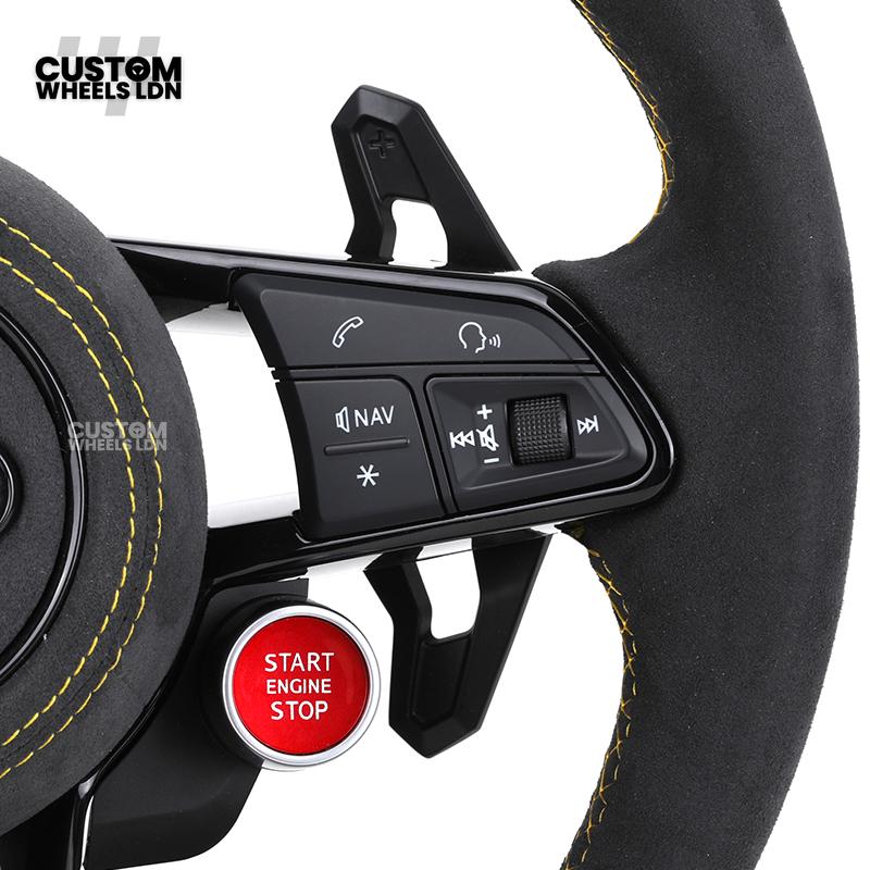 Audi Custom R8-Style Flat Bottom Steering Wheel – Alcantara Grip, Yellow Stitching, Black Paddles, Start Button | Fits A4, A5, S5, A6, A7, S6, S7, Q5, SQ5 + more | Plug & Play | With Airbag | Upgrade for Older Models Available