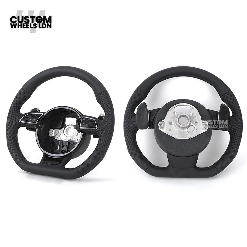 Audi Custom 8V Round Steering Wheel – Black Leather, Perforated Grips, Silver Paddles, Chrome Trim | Fits A3, S3, RS3 8V, A1, Q2, TT + more | Plug & Play | With Airbag | Upgrade for Older Models Available
