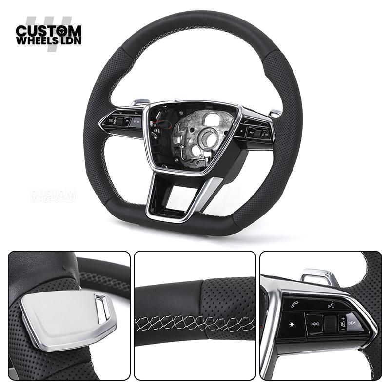 Audi Custom S-Line Flat Bottom Steering Wheel – Black Leather, White Stitching, Silver Paddles | Fits A1, A3, S3, A4, A5, S5, Q2, Q3, Q5, SQ5 + more | Plug & Play | With Airbag