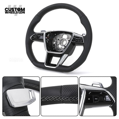 Audi Custom S-Line Flat Bottom Steering Wheel – Black Leather, White Stitching, Silver Paddles | Fits A1, A3, S3, A4, A5, S5, Q2, Q3, Q5, SQ5 + more | Plug & Play | With Airbag