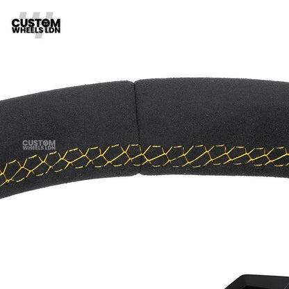 Audi Custom R8-Style Flat Bottom Steering Wheel – Alcantara Grip, Yellow Stitching, Black Paddles, Start Button | Fits A4, A5, S5, A6, A7, S6, S7, Q5, SQ5 + more | Plug & Play | With Airbag | Upgrade for Older Models Available