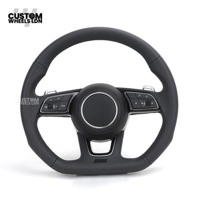 Audi Custom B9 Flat Bottom Steering Wheel – Black Leather, Silver Paddles, S Badge | Fits A4, S4, A5, S5, Q5, SQ5, A6, A7 + more | Plug & Play | With Airbag | Upgrade for Older Models Available