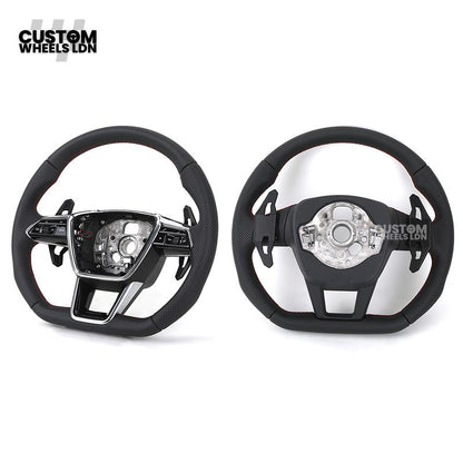 Audi Custom S-Line Flat Bottom Steering Wheel – Black Leather, Red Stitching, Urus Paddles | Fits A1, A3, S3, A4, A5, S5, Q2, Q3, Q5, SQ5 + more | Plug & Play | With Airbag