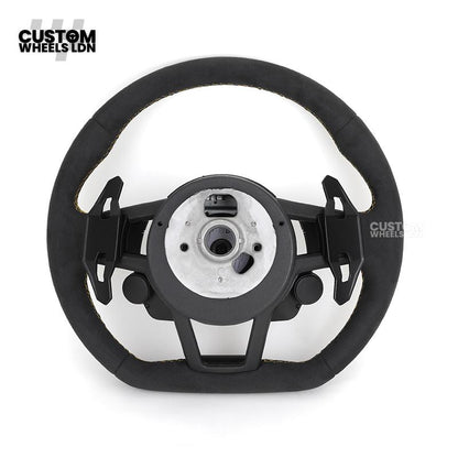 Audi Custom R8-Style Flat Bottom Steering Wheel – Alcantara Grip, Yellow Stitching, Black Paddles, Start Button | Fits A4, A5, S5, A6, A7, S6, S7, Q5, SQ5 + more | Plug & Play | With Airbag | Upgrade for Older Models Available